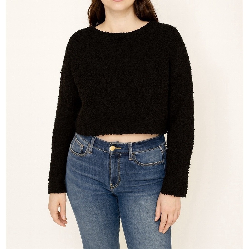Free People Black Round Neck Long Sleeve Popcorn‎ Cropped Pullover Sweater L